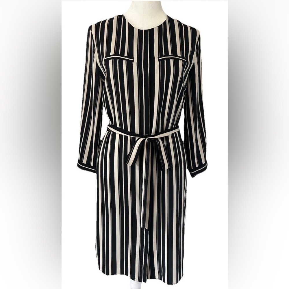LOFT Striped 3/4 Sleeve Knee Length Shirt Dress with Tie Belt